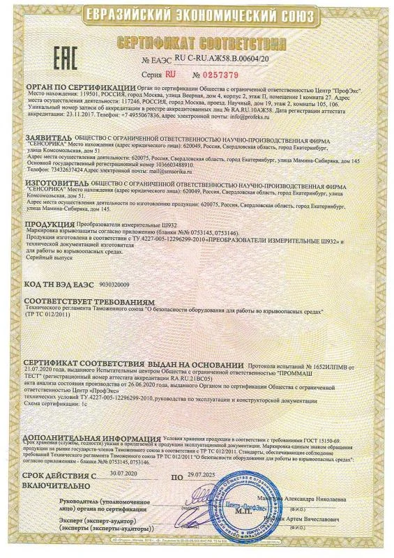 Сертификат соответствия на ТР ТС 012/2011 на Преобразователи измерительные Ш932